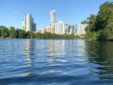 Austin skyline seen from a kayak on Lady Bird Lake